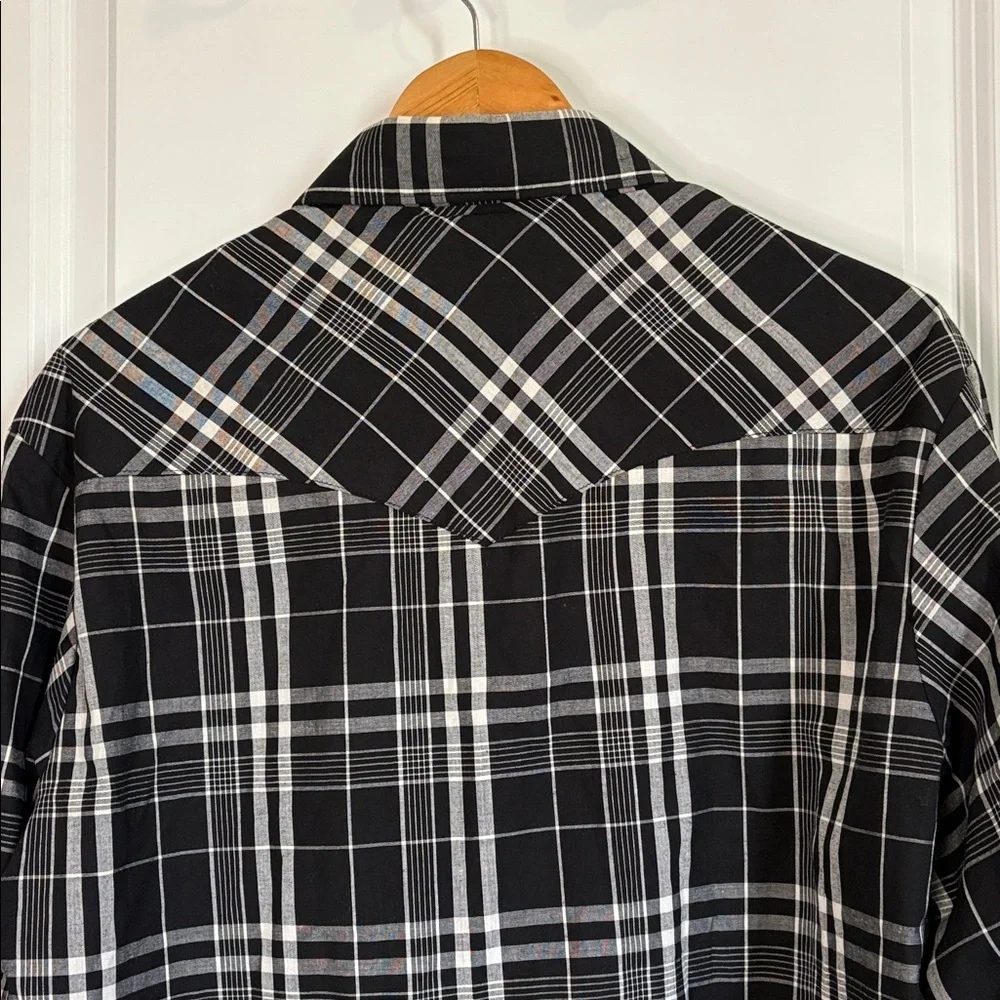 Wrangler Western Plaid Shirt Pearl Snap Long Sleeve Black White Size Large - Picture 11 of 12